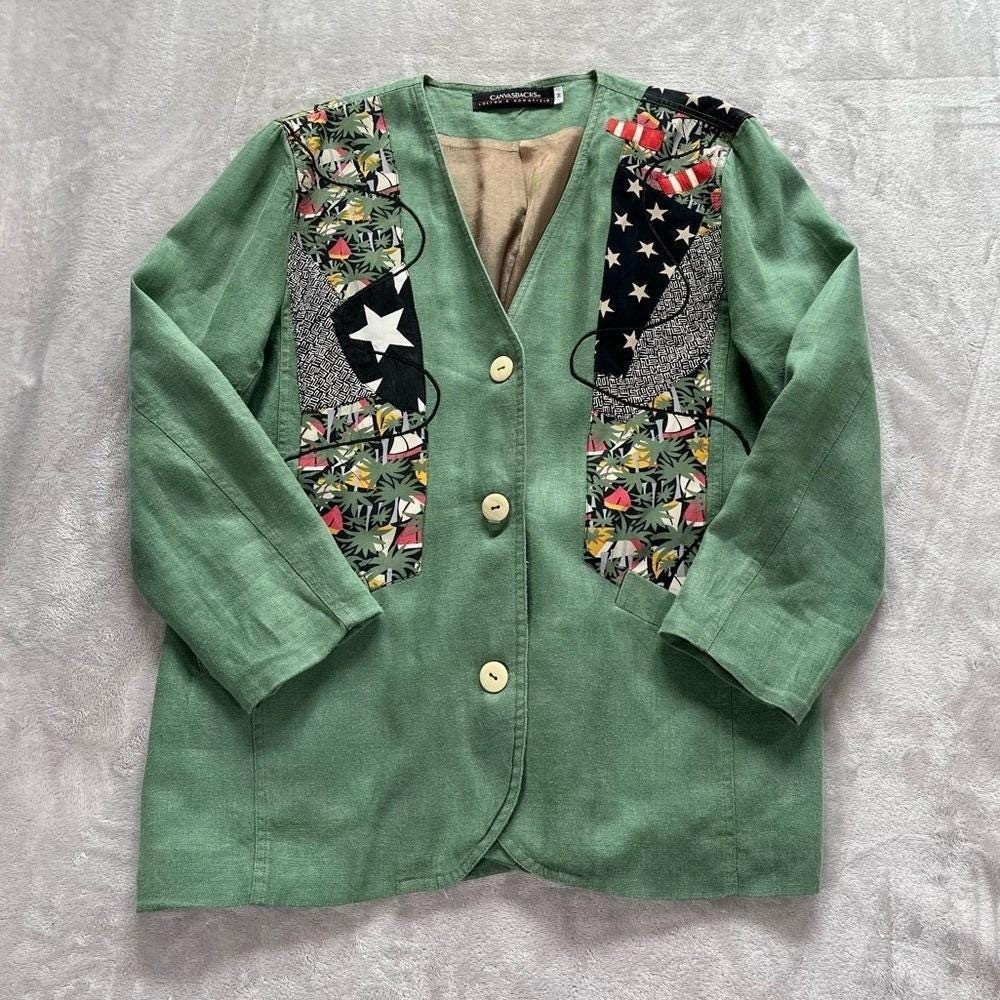 Vintage 90s Blazer Women M Green Patchwork Nautical Coastal Grandma Art Teacher
