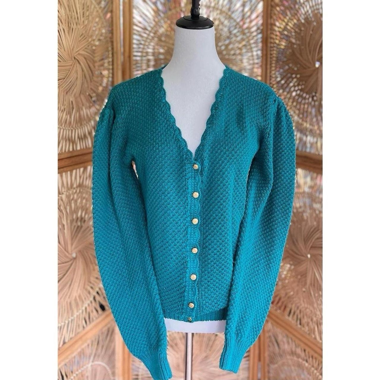Vintage Teal Turquoise Knit Amilano Collection Button Front Cardigan Sweater