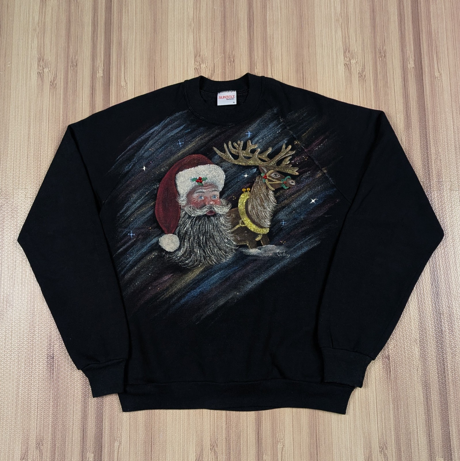 Vintage Christmas 80s Holiday Santa Reindeer Sleigh Sweatshirt Ornaments L/XL