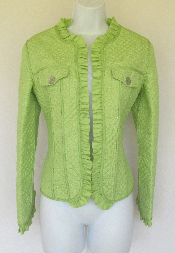 VINTAGE 1980s 90s PECK & PECK SILK JACKET MINT GREEN QUILTED RUFFLES SIZE SMALL