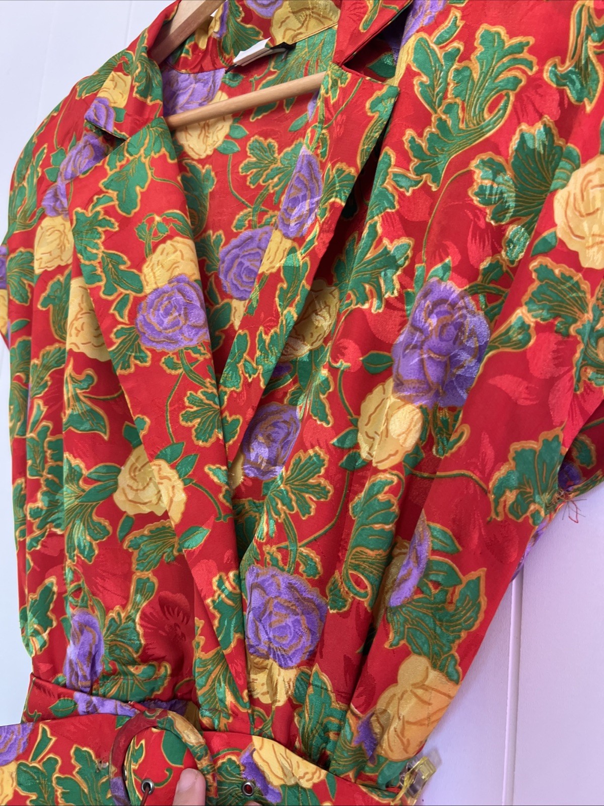 Vintage 80s 90s Vida Doria Floral Wrap Belted Dress Red Purple Yellow Rose Sz L