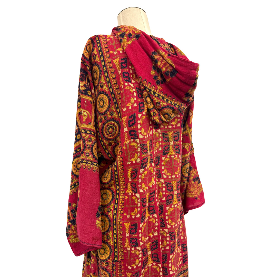 Vintage 1970s Hooded Block Print Wide Sleeve Red Bohemian Tunic Dress
