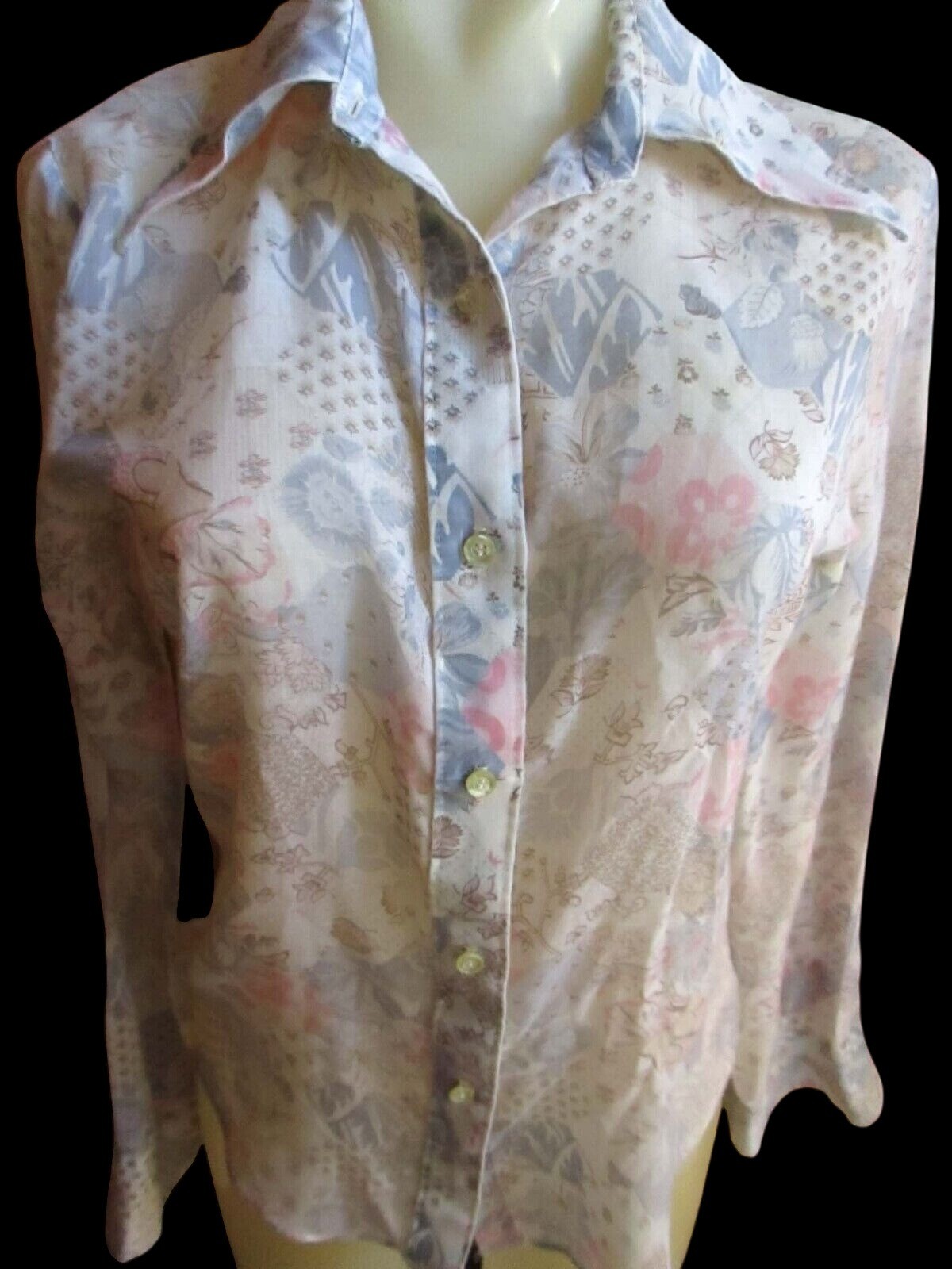 True Vintage Medium Womens Boho Blouse 12 Button-Up Long Sleeve Floral Sheer