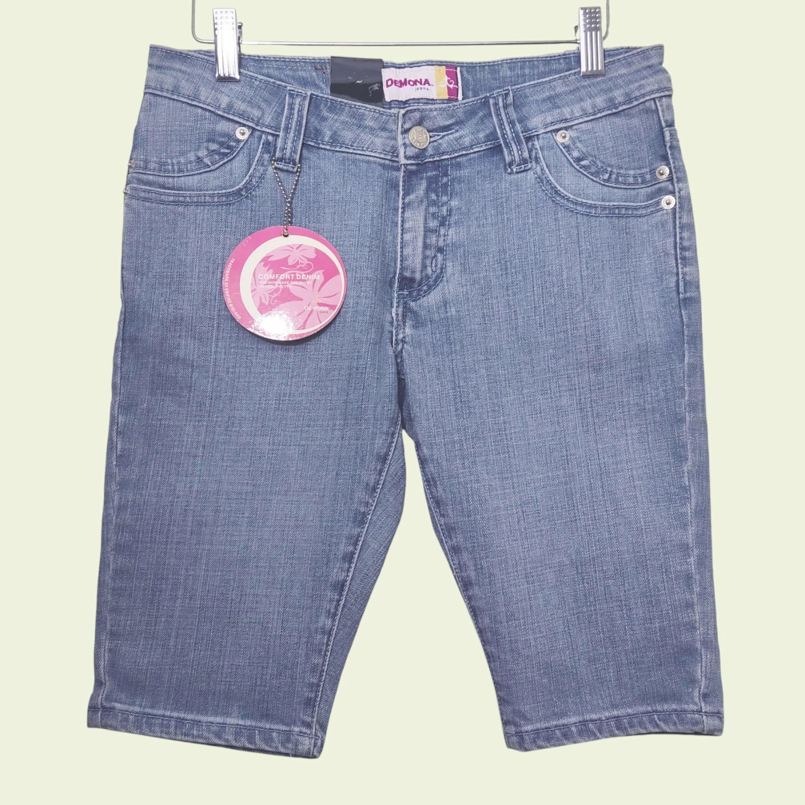 Demona Jeans Vintage Y2K Denim Bermuda Shorts Light Indigo Stitch Detail 4 NOS