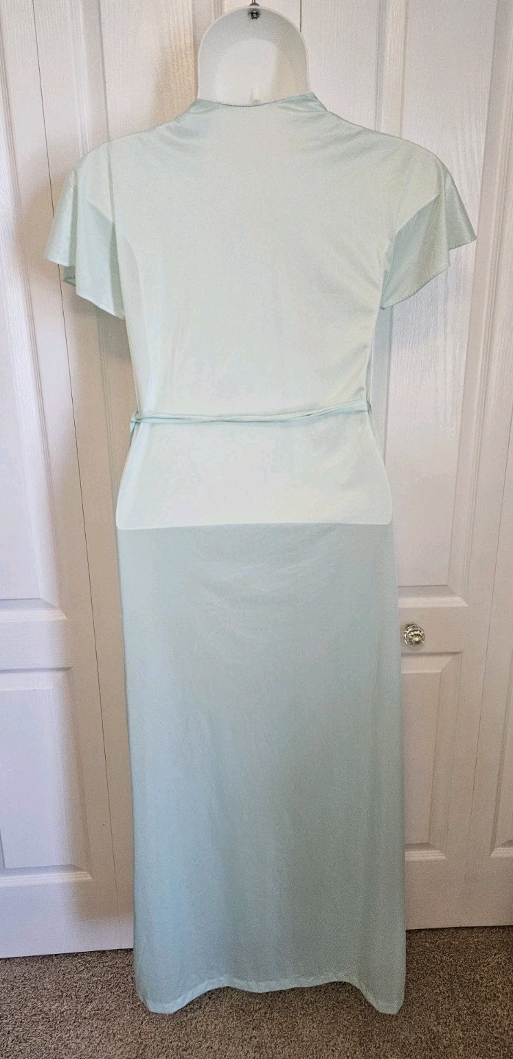 Vintage Robe Size XSMALL green nylon Smocked retro lace Ribbon 50s 60s