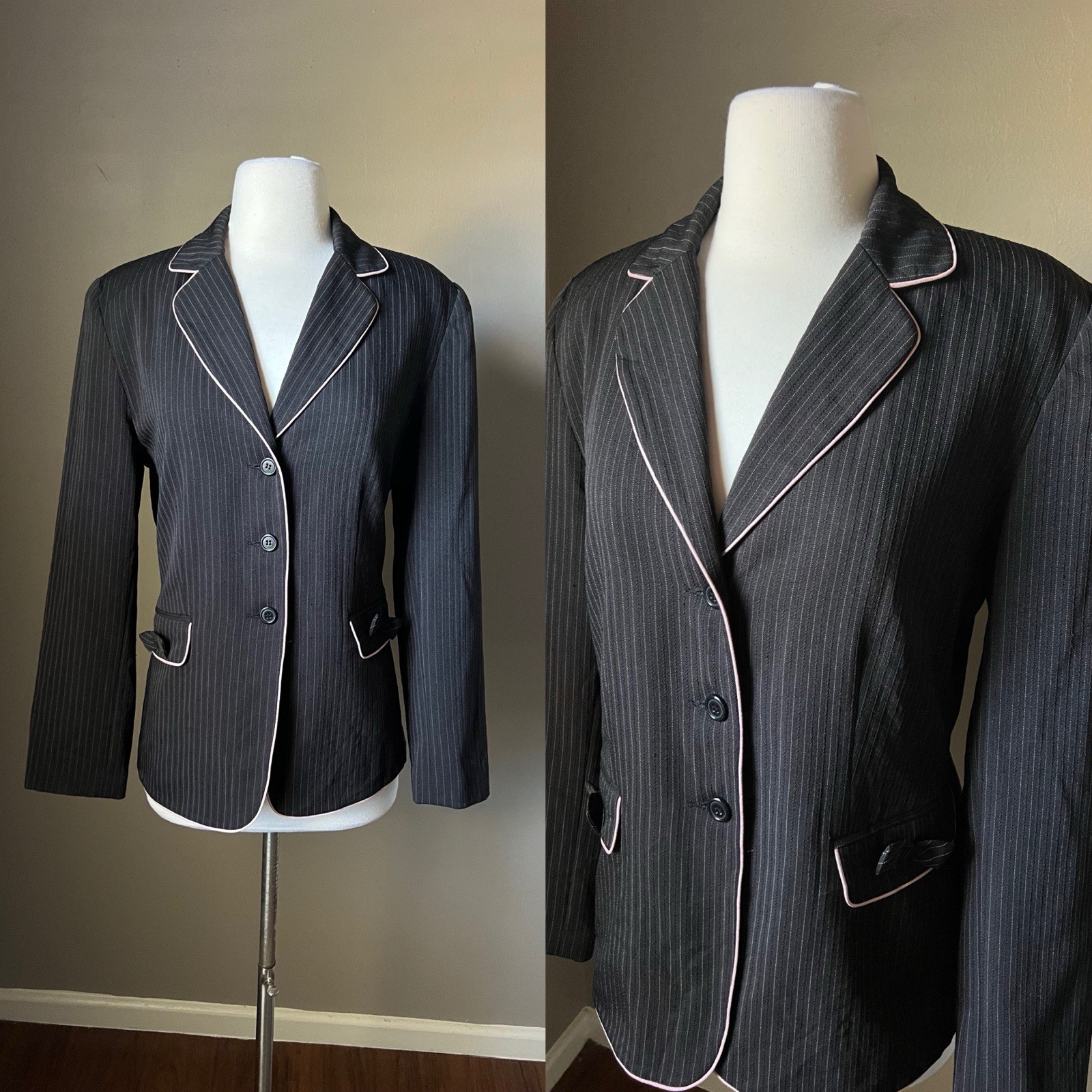 Vintage Y2K 2000s Blazer Sz 8 Black Pink Pin Stripe Bows Corpcore Office Siren