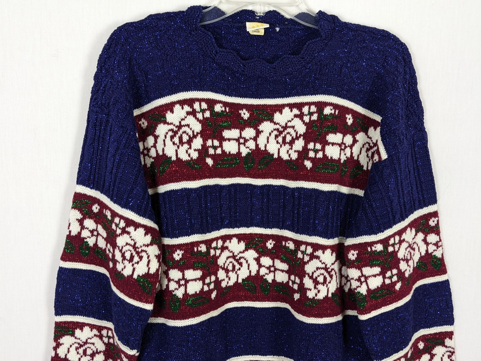 Vintage Holiday Time long sleeve floral striped glittery sweater sz L