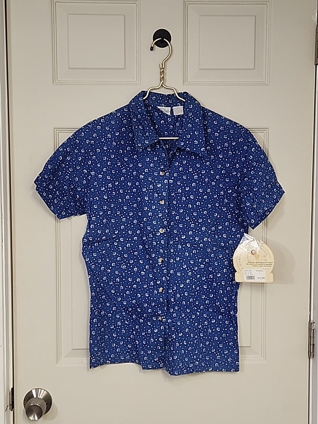 Vtg Cherokee Shirt Blue Floral Collared Button Up Made USA Women’s Small ~ NWT
