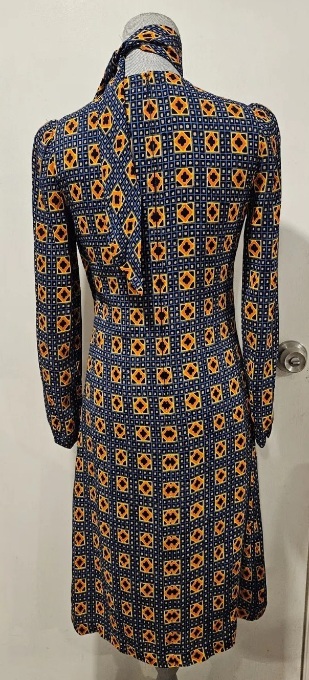 Jean Louis Scherrer Size 38 Vintage 70s Dress + Matching Scarf/Belt Blue Yellow