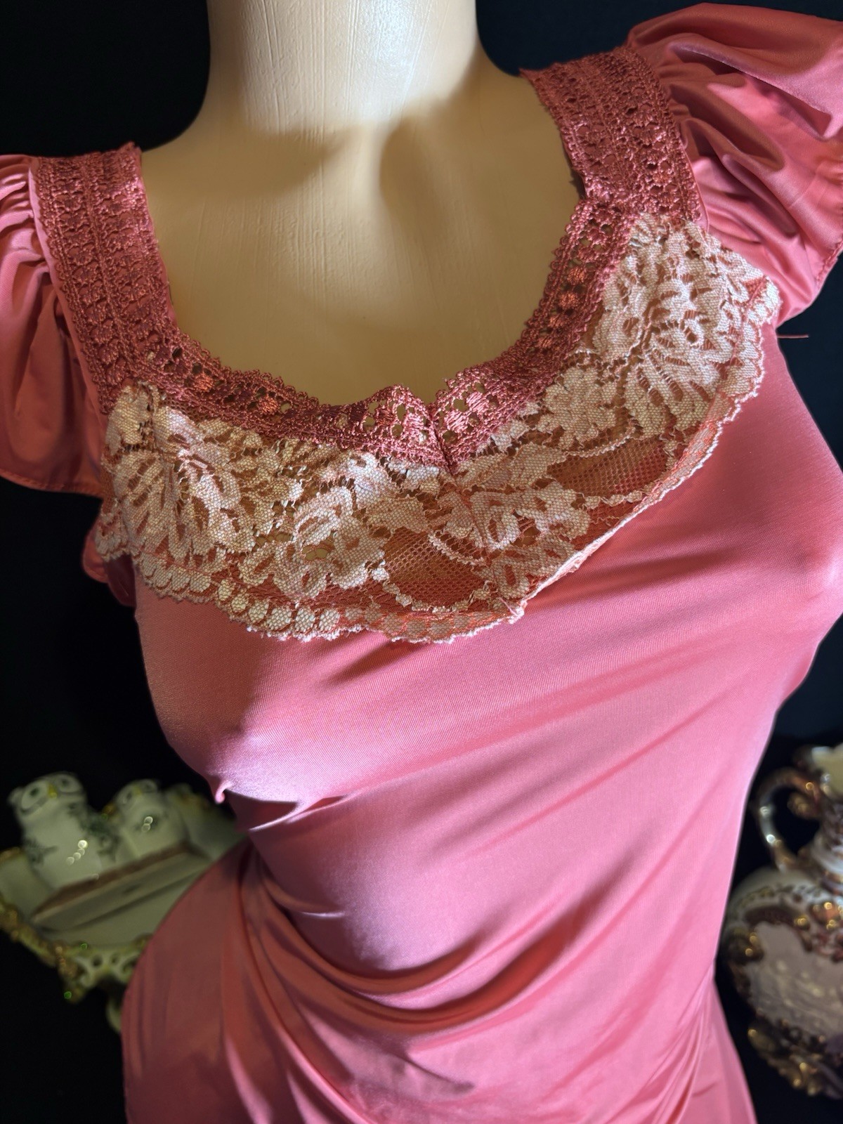 Vtg Satin Chantilly Lace Nightie Lounge Capri Pants Top Blouse Dress Frilly Set