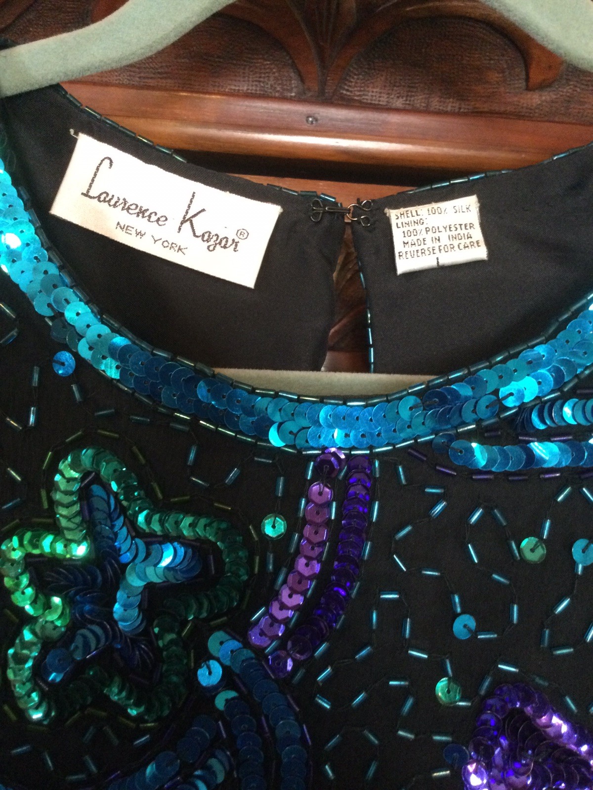 Vintage LAWRENCE KAZAR Sz L TOP BLACK Silk SEQUIN 90’s Sleeve PURPLE Turquoise