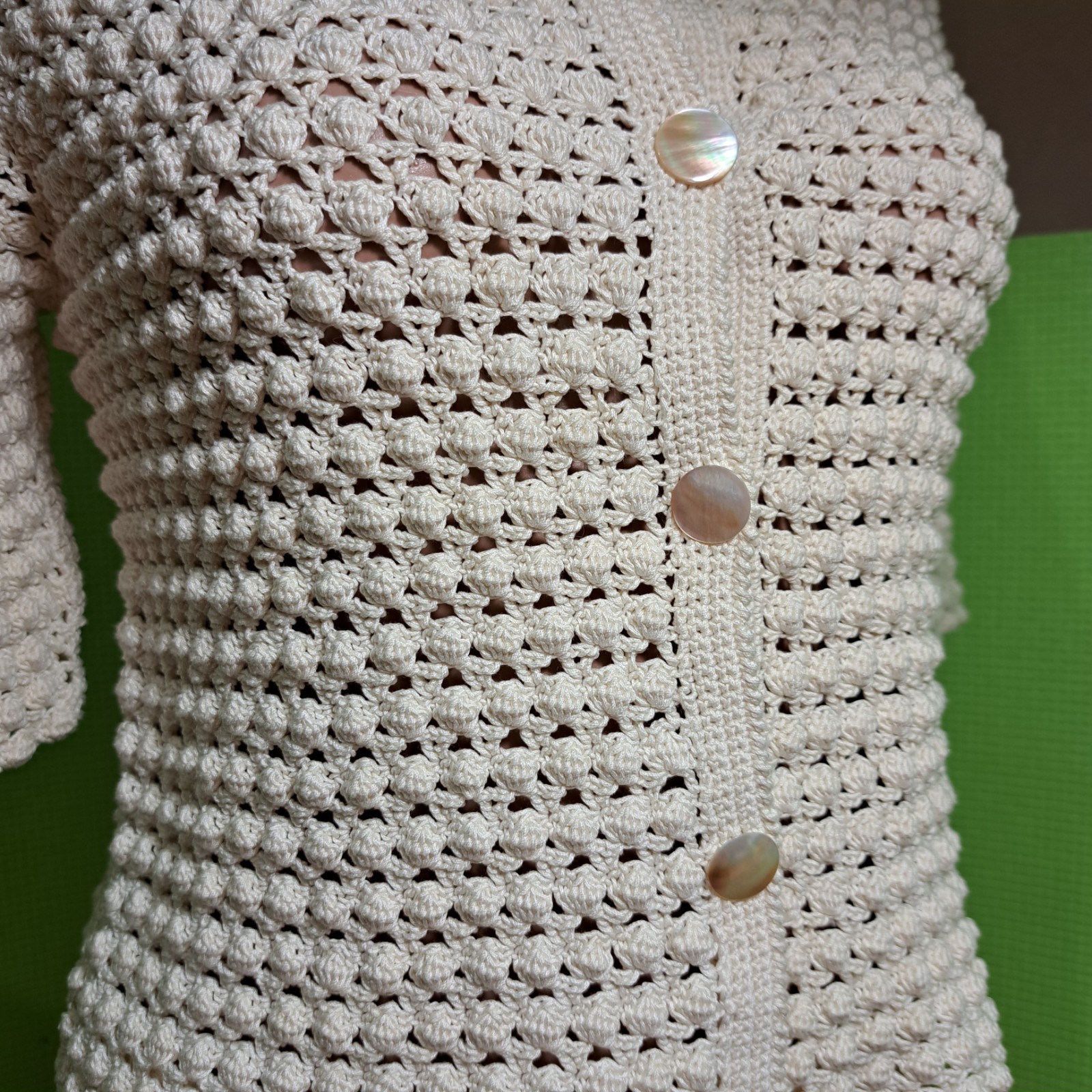 Vintage 80s 90s Handmade Crochet Cardigan Ivory MOP Buttons Ukrainian Handcraft
