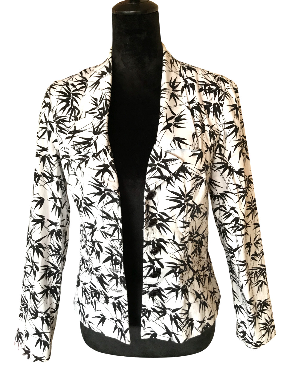VTG 80s Joseph Ribkoff Blazer Button-Down Jacket, Black White Fern Print Size 8