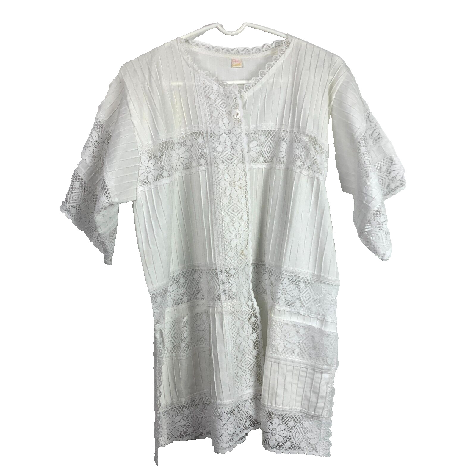 Vintage Mexican Ethnic Floral Lace Boho White Blouse Tunic Shirt Size 38