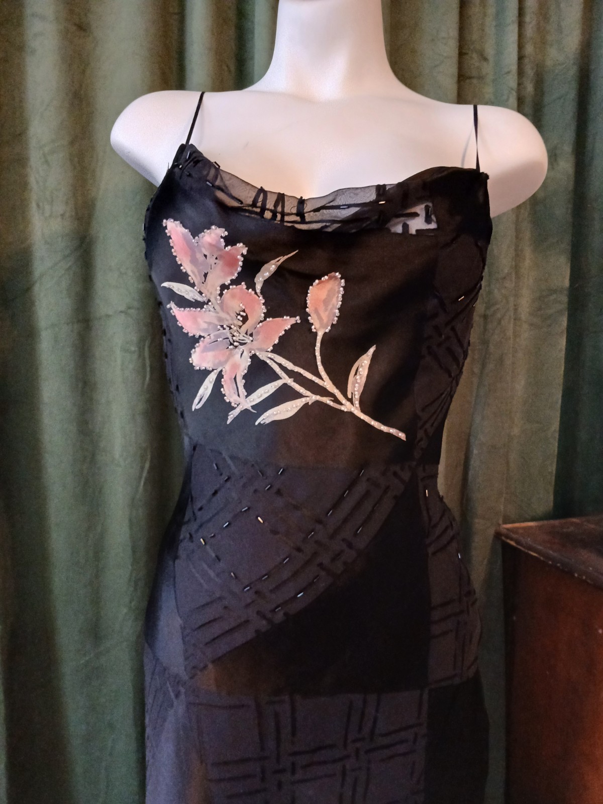 Vintage 90s L’Pogee Black Silk Rayon Floral Beaded Bias Cut Slip Gown Dress 8