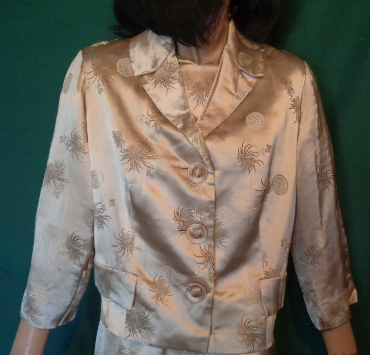 Vintage Tan Satin Brocade Dress and Matching Jacket B36
