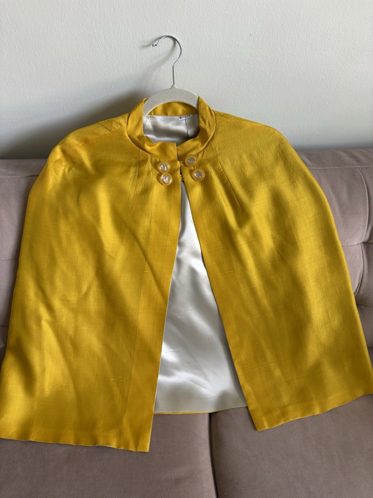 Vintage Bright Yellow Silk? Capelet Jacket with Pearl Buttons