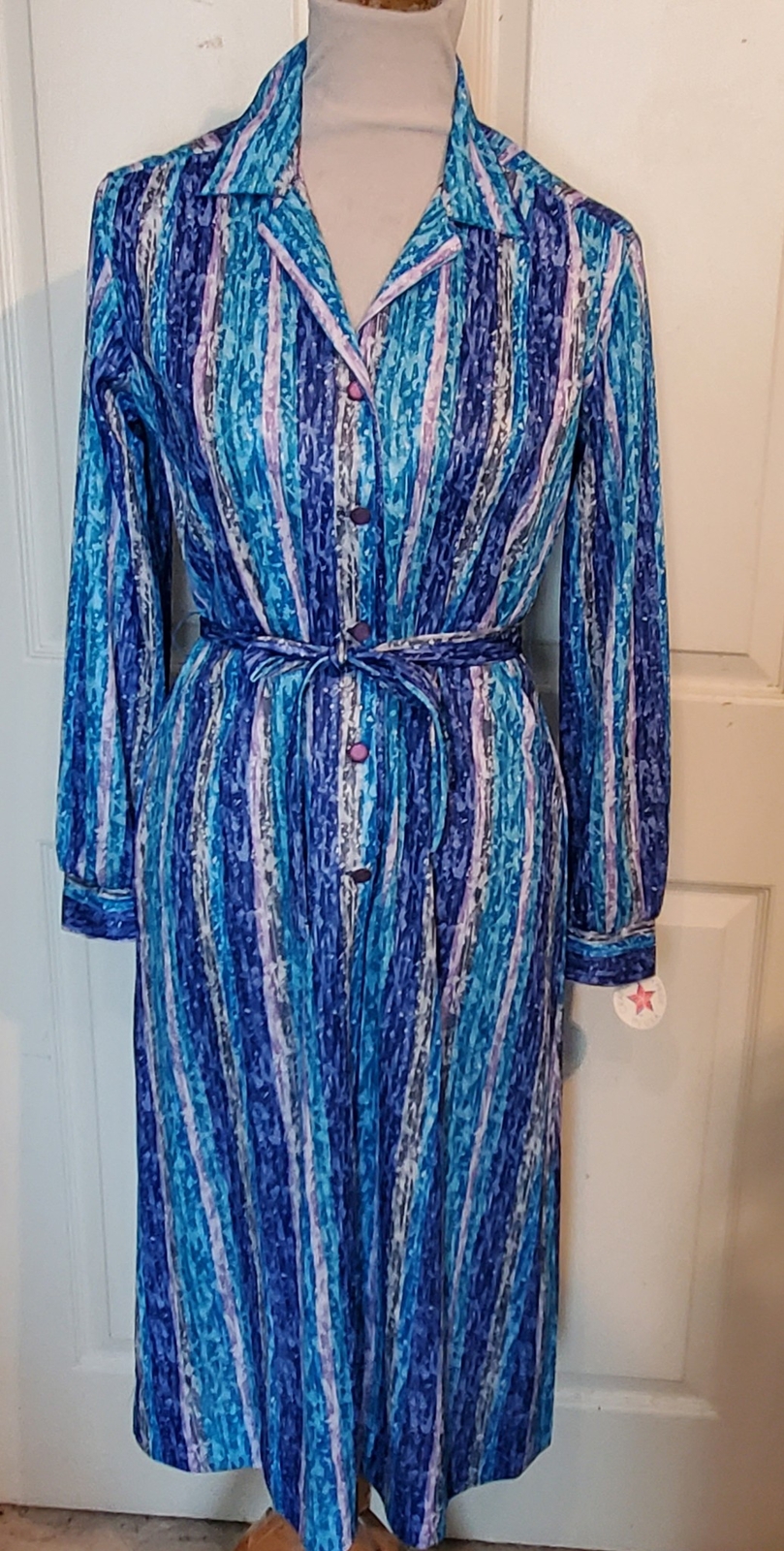 NOS Vintage 70s Shades of Blue Polyester Dress Ina Carol Size 12 B40