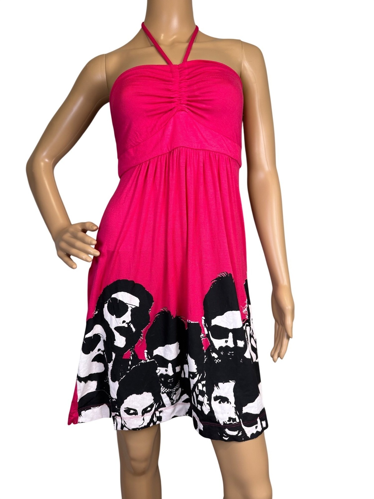 Rare Miss Sixty Vintage Pink Graphic Print Halter Dress Y2K Rock 'n’ Roll Small
