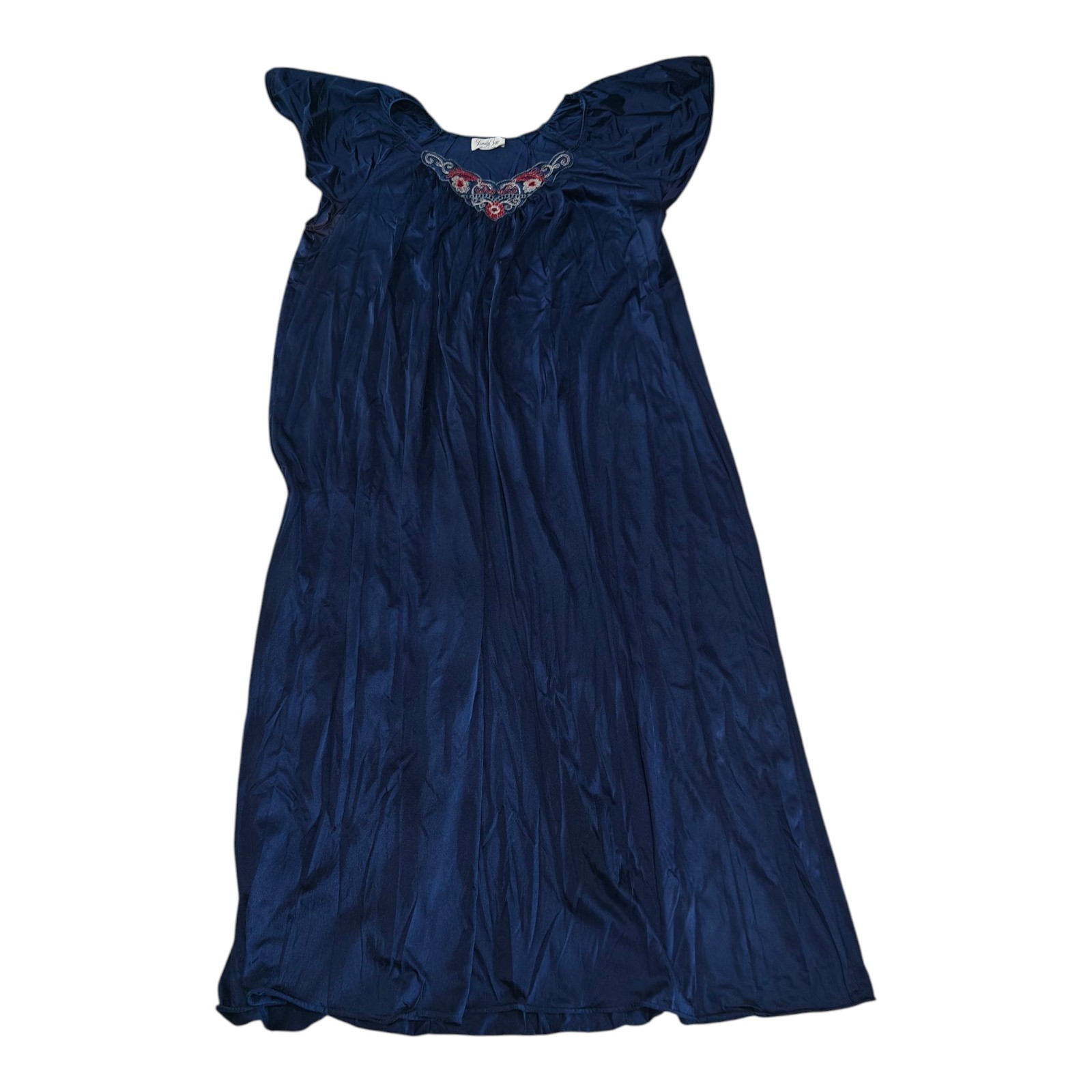 Vtg Vanity Fair Nightgown Dark Navy Blue Floral Embroidered Neckline Sz L