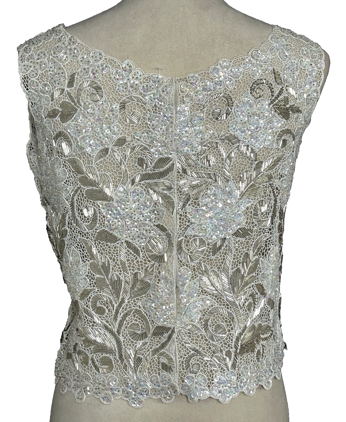 Vintage Hand Finished Floral Sequined White Silver Beaded Lace Applique Top