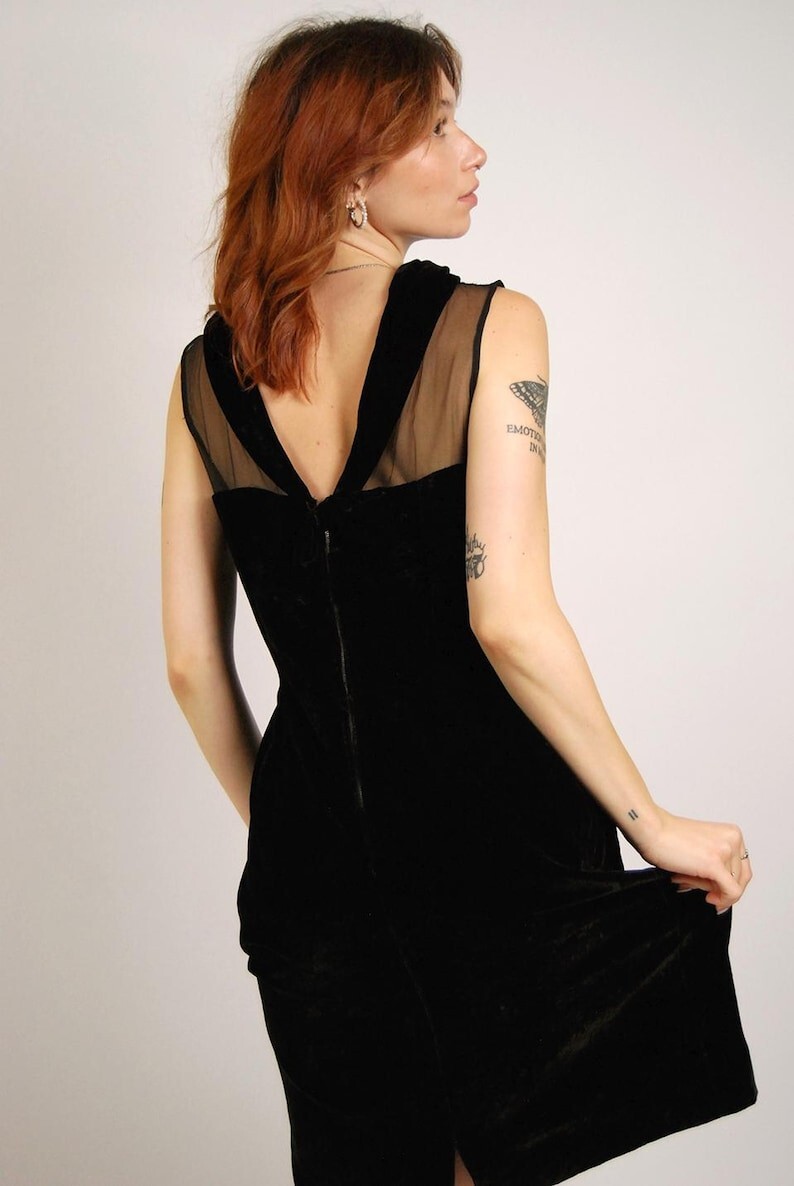 50s Velvet Dress (M) black mesh evening medium sheer cocktail basic minimalist