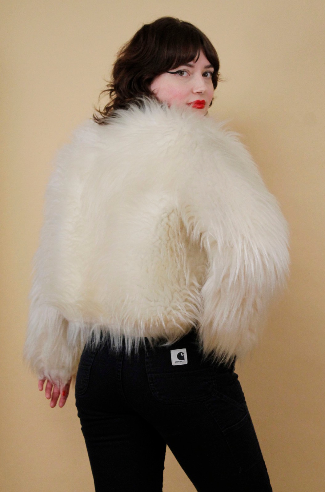 60s 70s Vtg Shaggy Faux Fur White Zip Up Crop Jacket Coat Mod Rocker Glam B34″