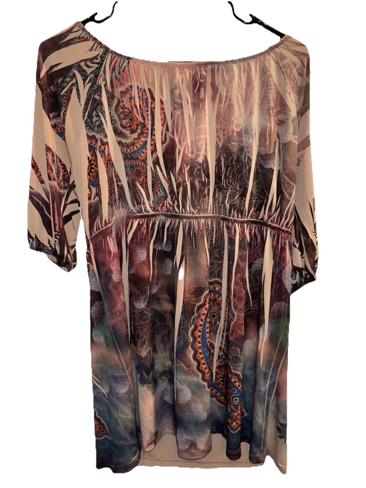 Women’s Large Top Boho Y2K Mandala Print V Neck Tunic Brown Tan Rust Blue Blouse