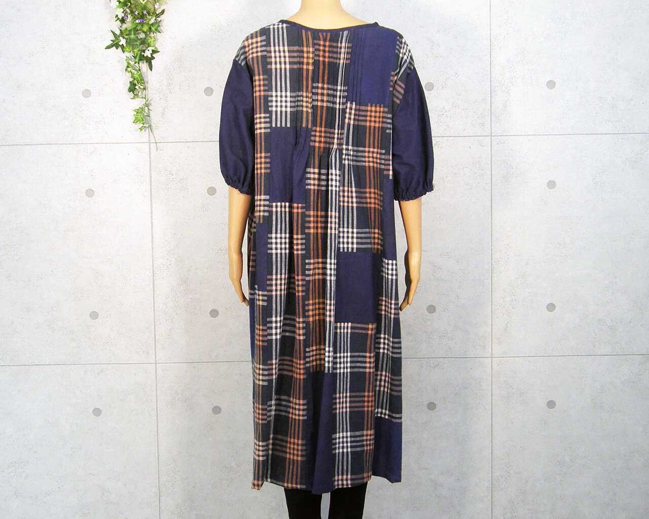 Japanese Vintage Kimono Remake Dress Cotton Indigo-dyed Round-neck Short-sleeved