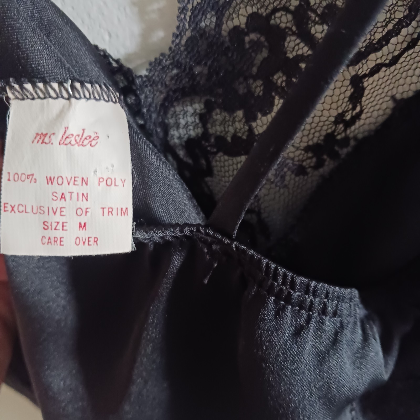 VTG Ms. Leslee Lingerie Black Satin Nylon & Lace Teddy Romper Playsuit Medium