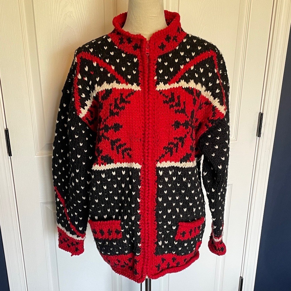 Vintage Unbranded Handmade Chunky Red & Black Zip-Up Wool Sweater Cardigan Sz M
