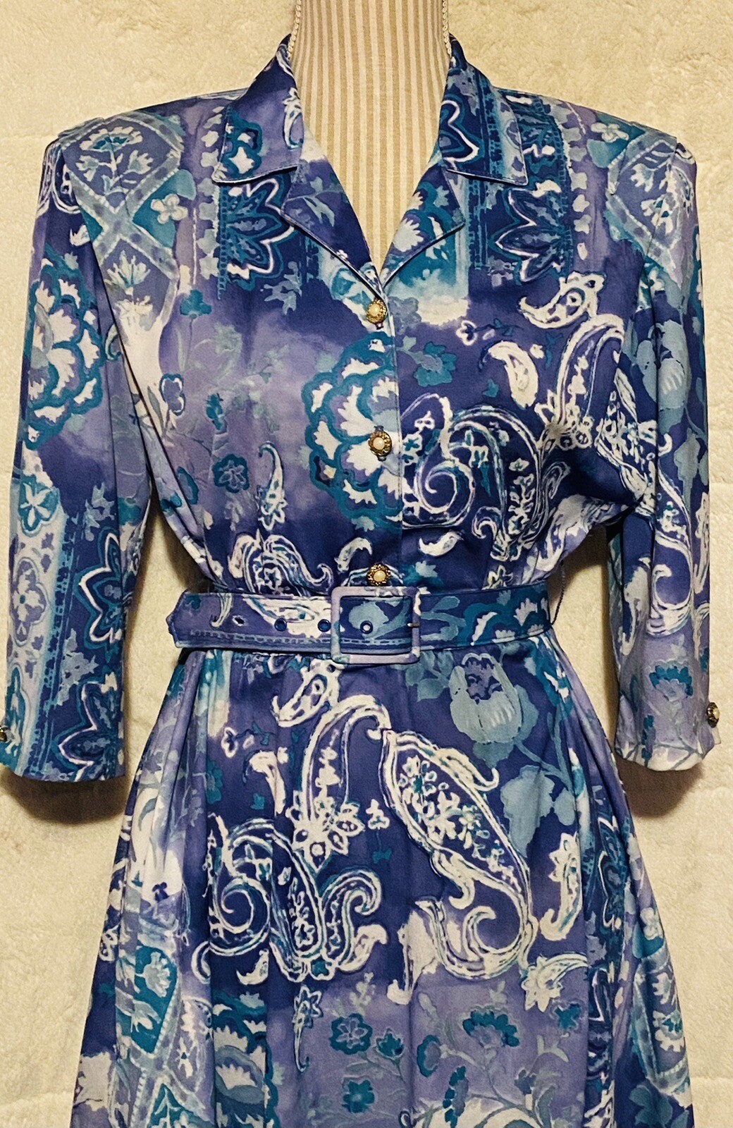 VTG 70s 80s California LOOKS Floral Paisley Belted Tea Day Dress Blue Women’s 8P