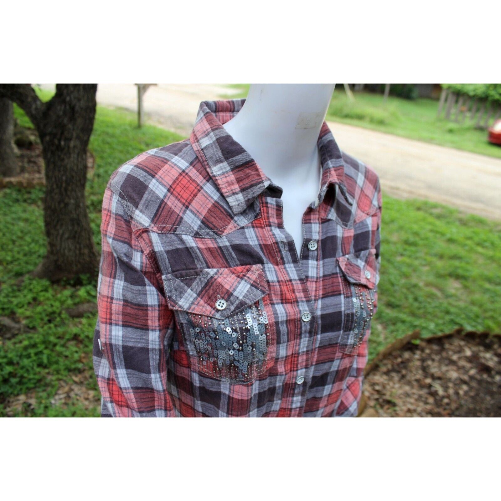Y2K Vintage Miss Me Plaid Button-Down Shirt Dress W/ Sequin Pockets Size S