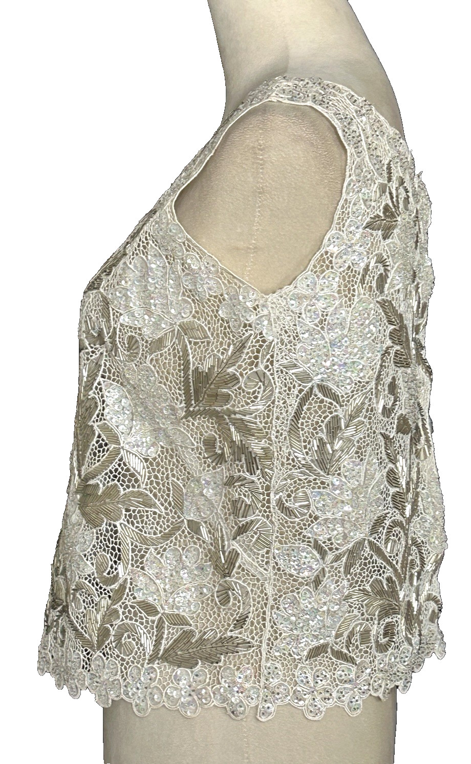 Vintage Hand Finished Floral Sequined White Silver Beaded Lace Applique Top