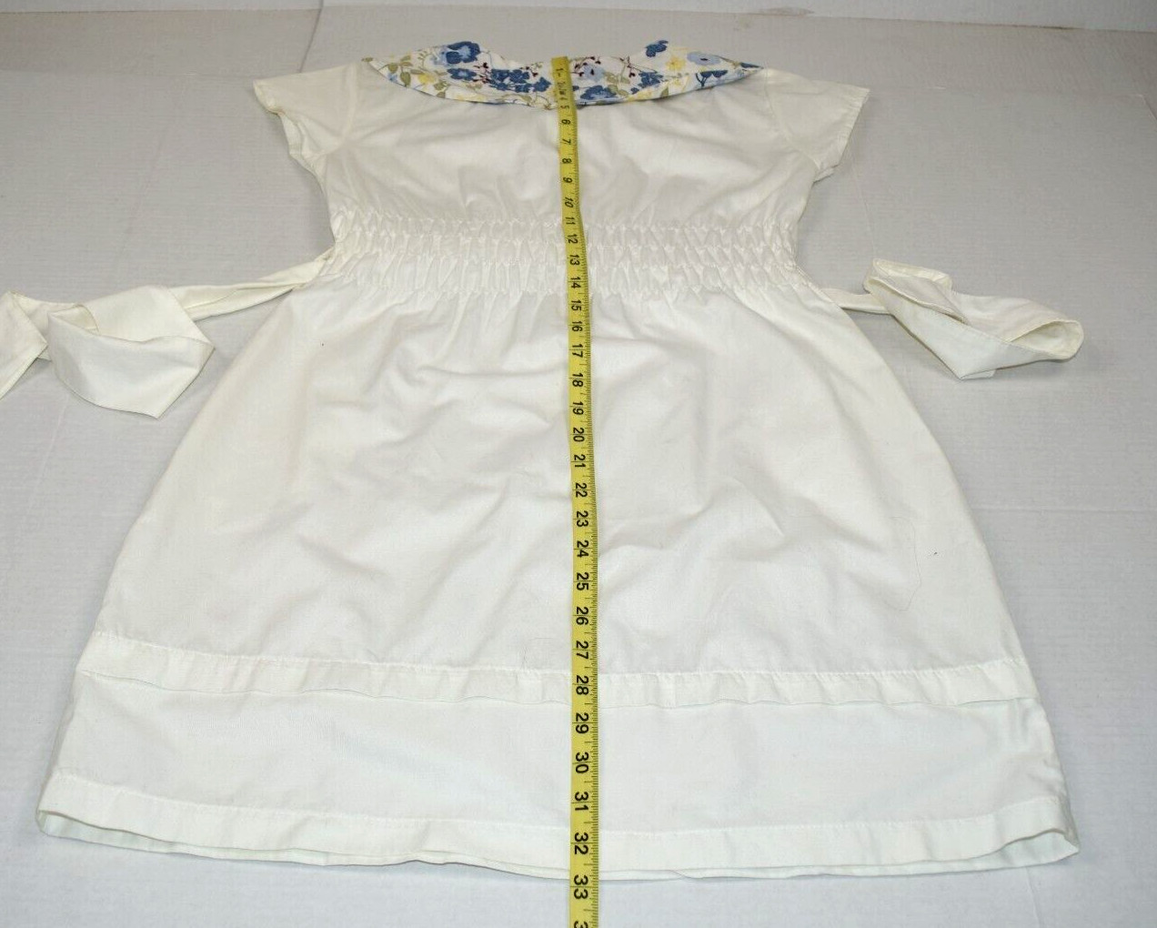 Vintage Dress Size S 70s White Blue Yellow Floral Neck Trim Belt Tie