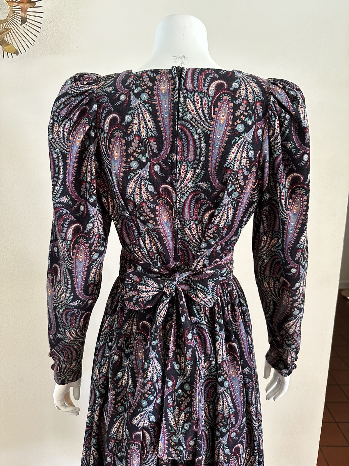 1980s Laura Ashley Paisley Floral Corduroy Dress Puff Sleeve Party Prairie VTG