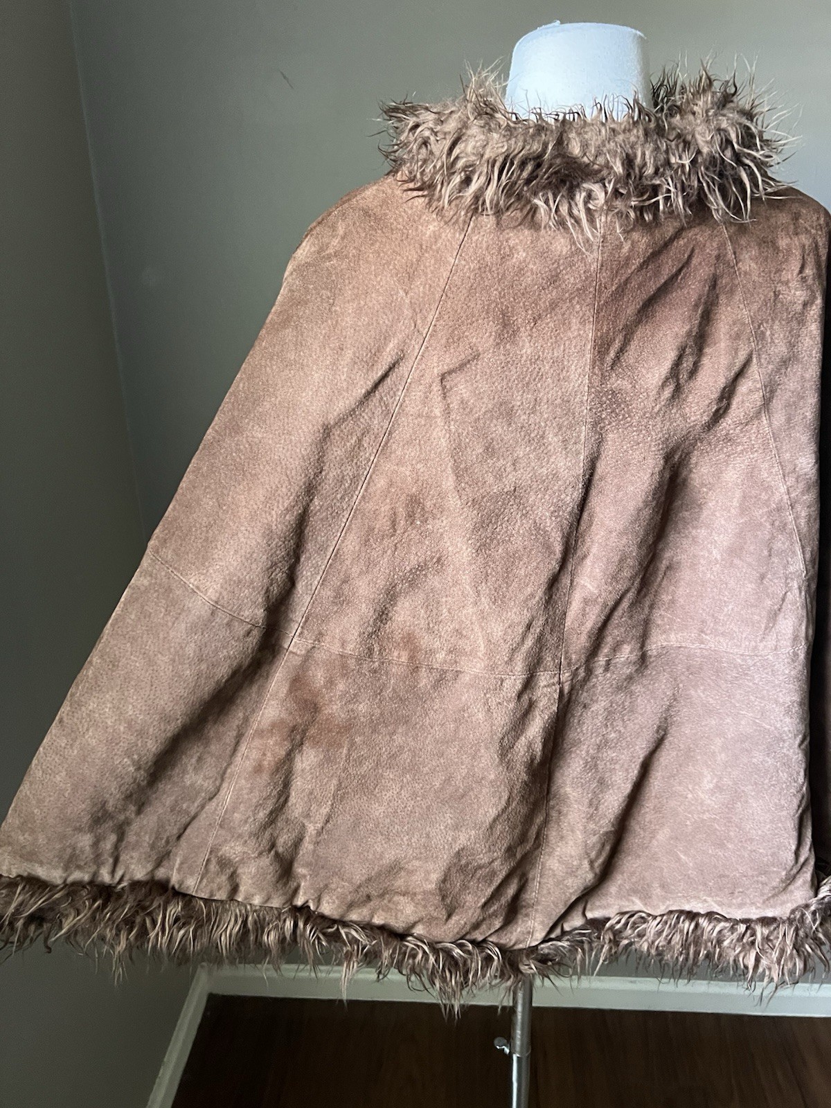 Vintage Suede Leather Poncho Fringe Brown Womens Boho Festival Western Y2K 90s