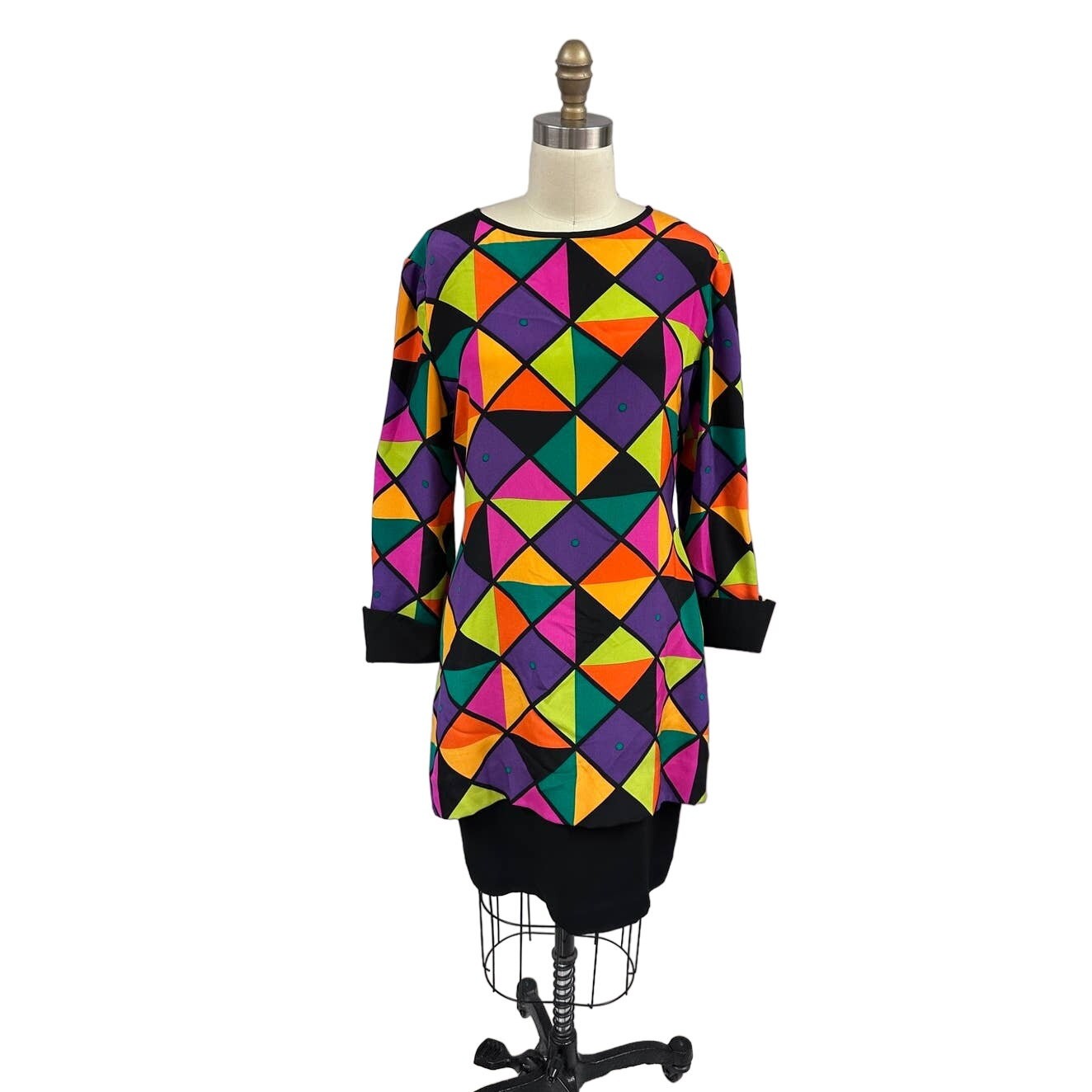 VTG 1980s Kathryn Dianos Silk Dress Geometric Print Shift YKK Japan Zip Sz 8 USA