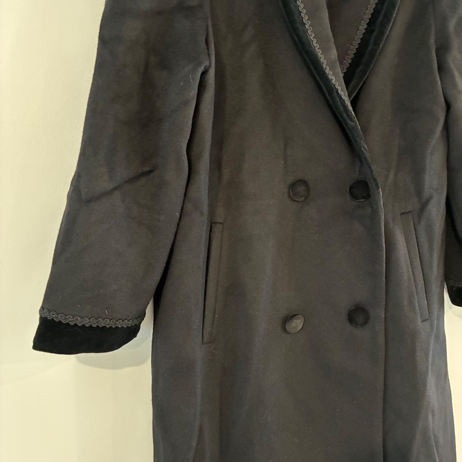 Vtg Andrea Overcoat 10 Black Velvet Trim Soutache Coat Victorian Old Money