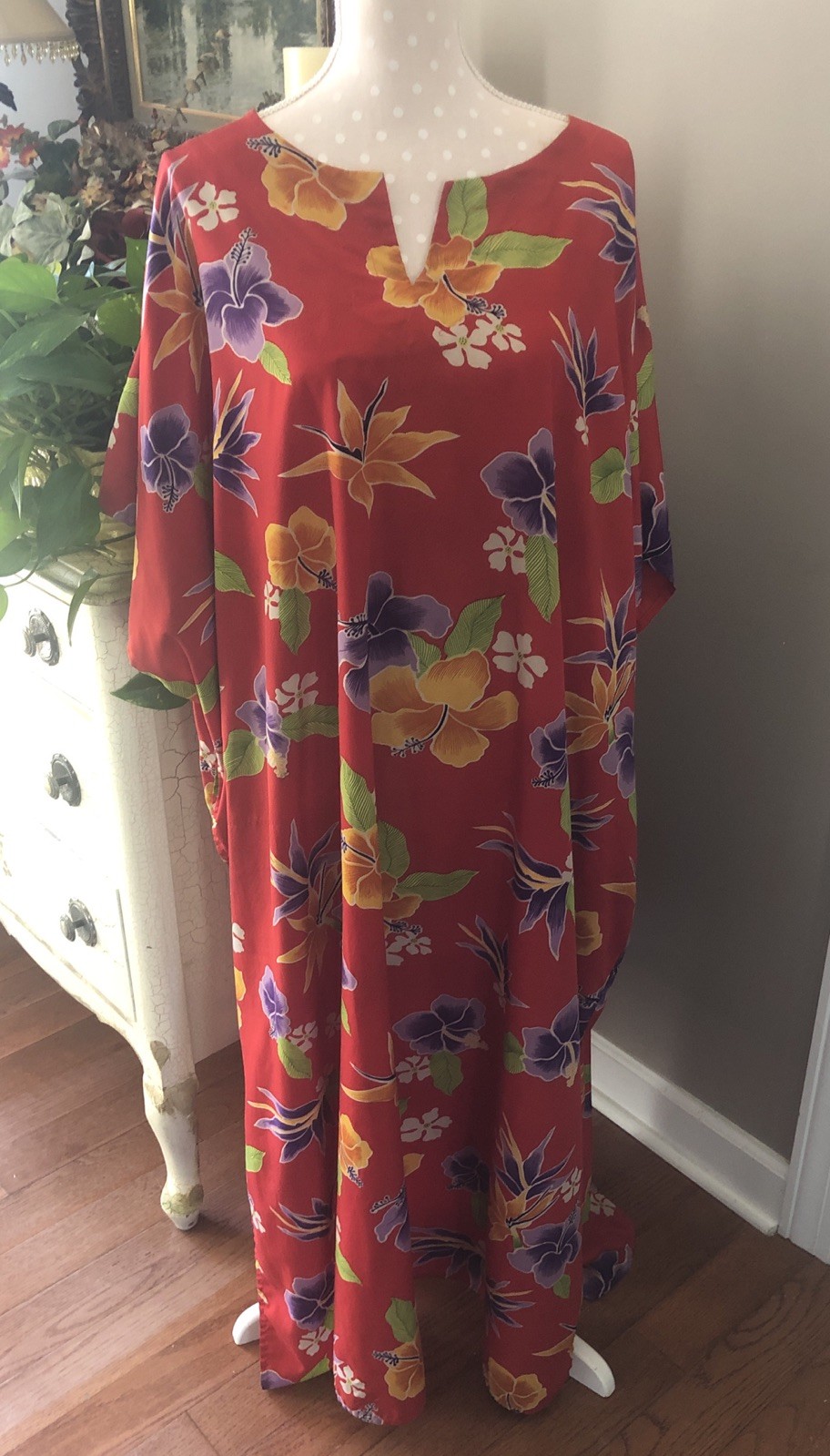 Vintage 1960’s Hawaiian Dress Muumuu Red Purple Floral One Size Fits All