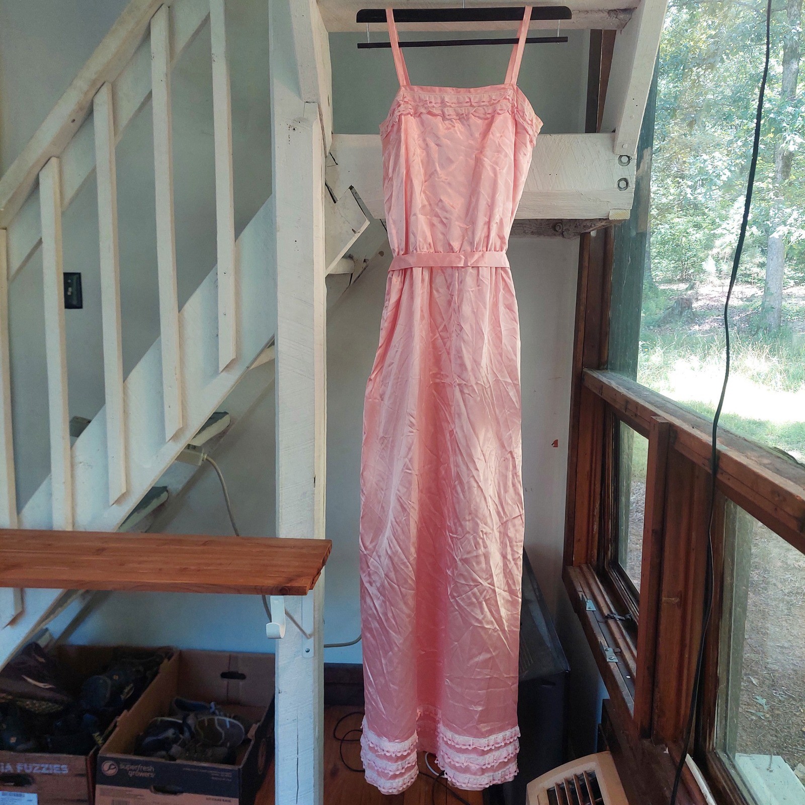Vintage Homemade Pink Satin Lace Trim Maxi Sash Tie Ruffle Dress Sleeveless