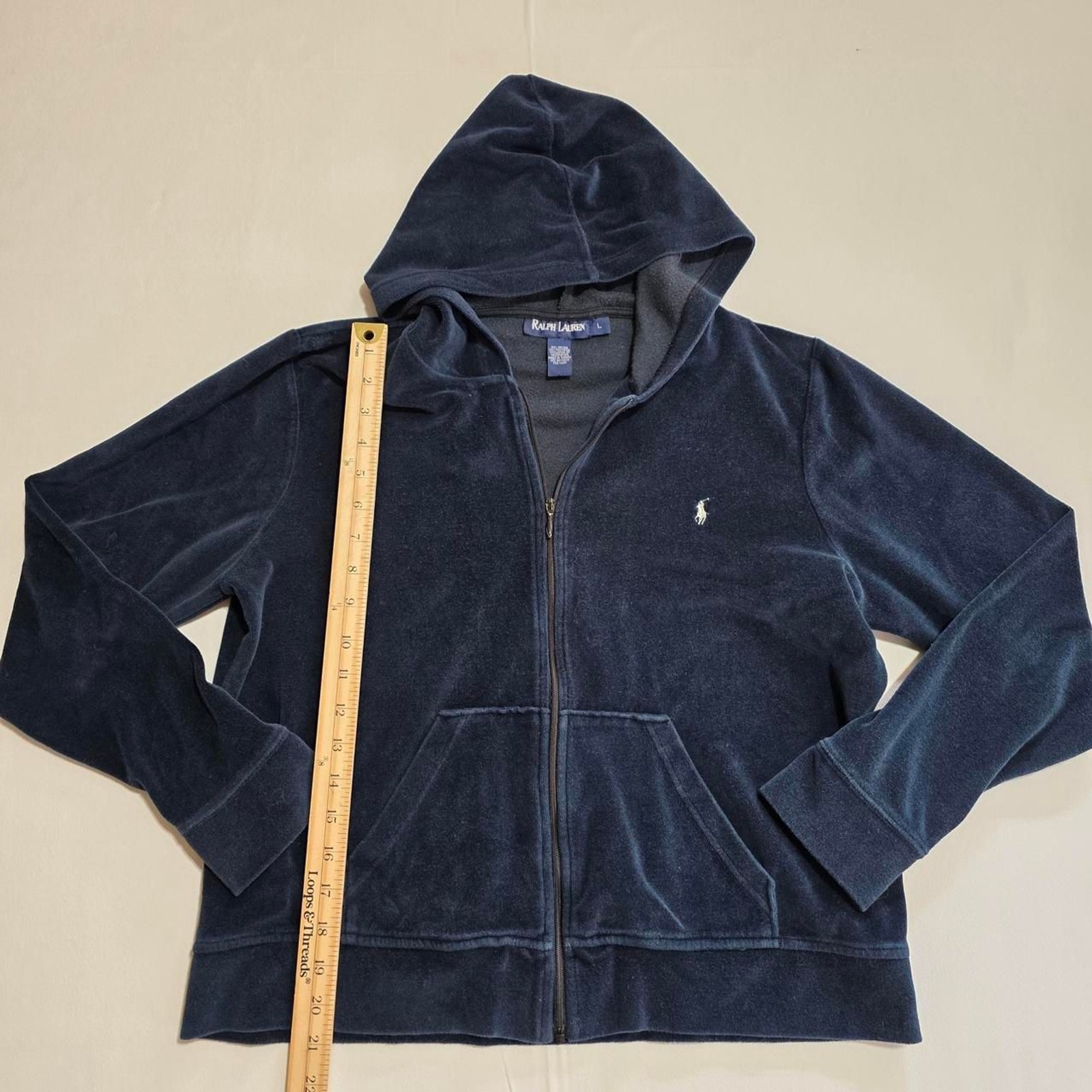 Ralph Lauren deep turquoise/navy color Velvet Zip Up Hoodie pony logo size Large