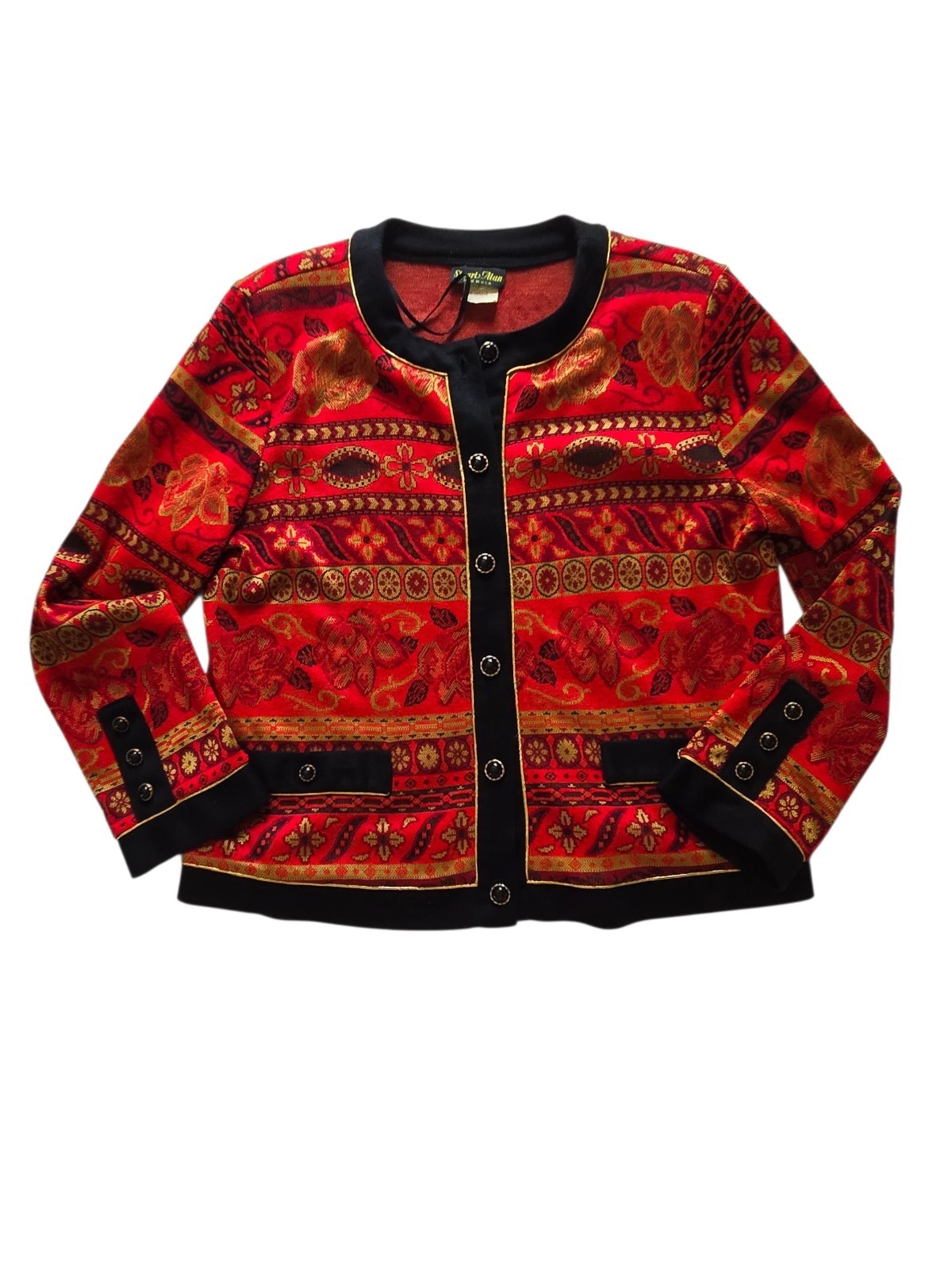 VTG Stuart Alan Cardigan Jacket Sweater Red Black Gold Tapestry Button Front 14