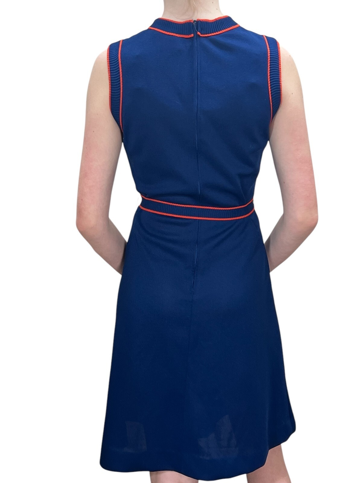 Vtg 70s S Dress Fit Flare Navy Blue Orange Red Trim Belted Sleeveless Poly Knit