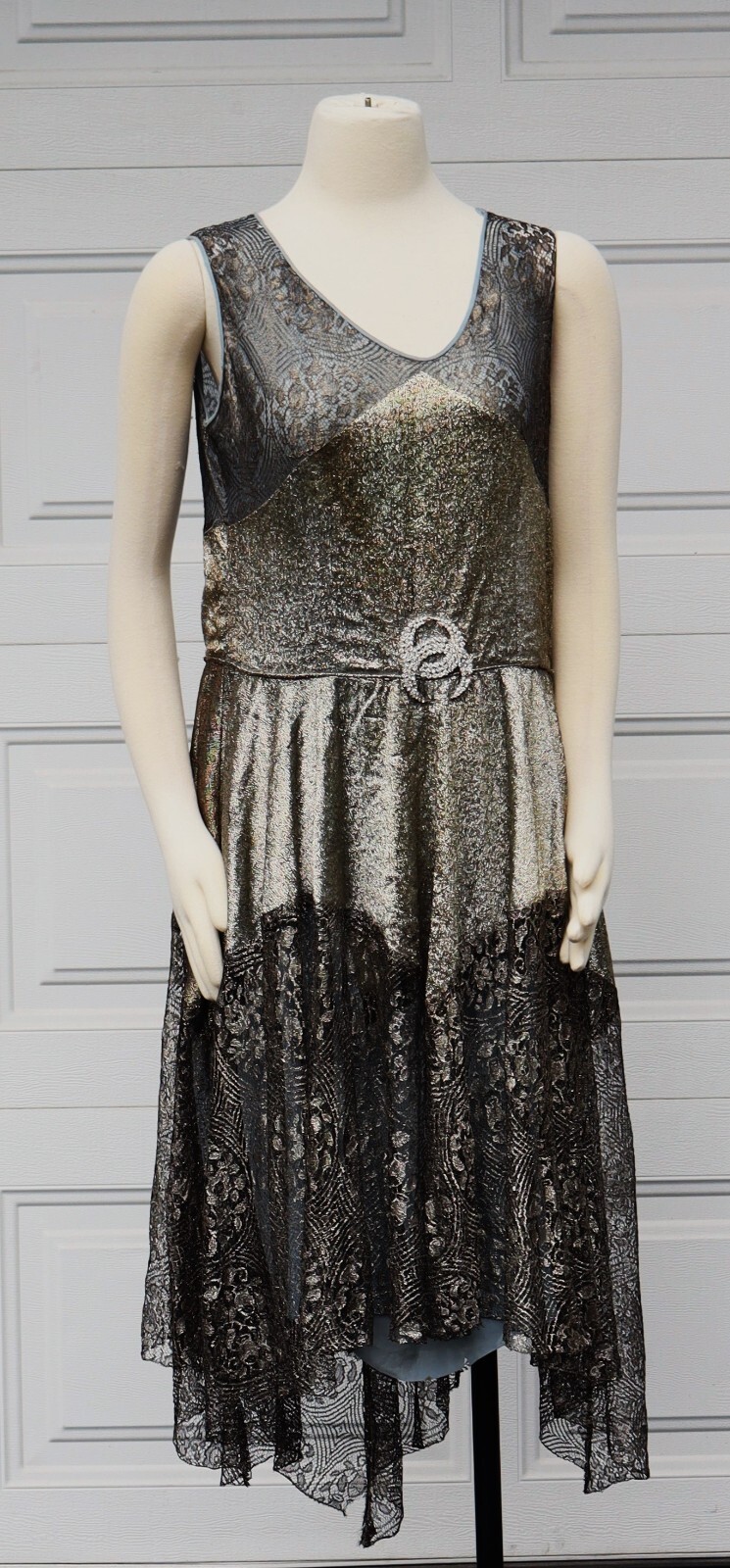 Antique original 1920s Art Deco gold metallic lace dress w silver tone clear rhi