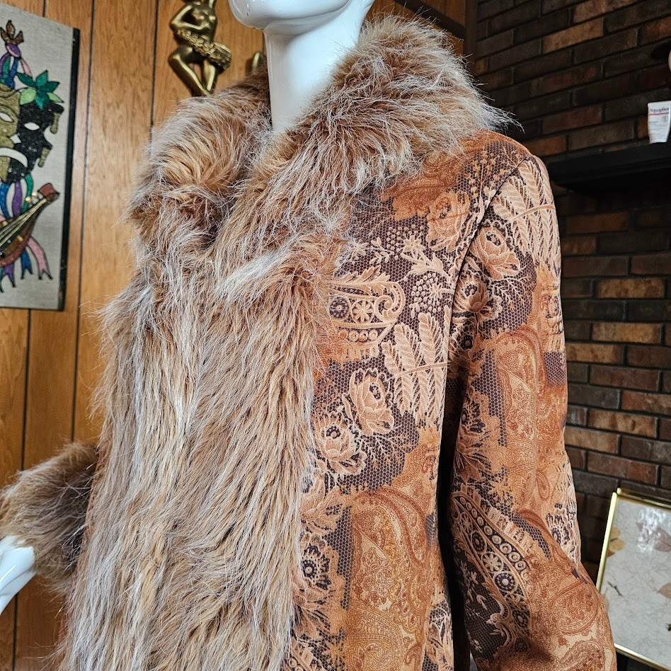 Vtg 90s do 70s Penny Lane Hippie Faux Fur Jacket Shaggy Afghan Tapestry Coat M