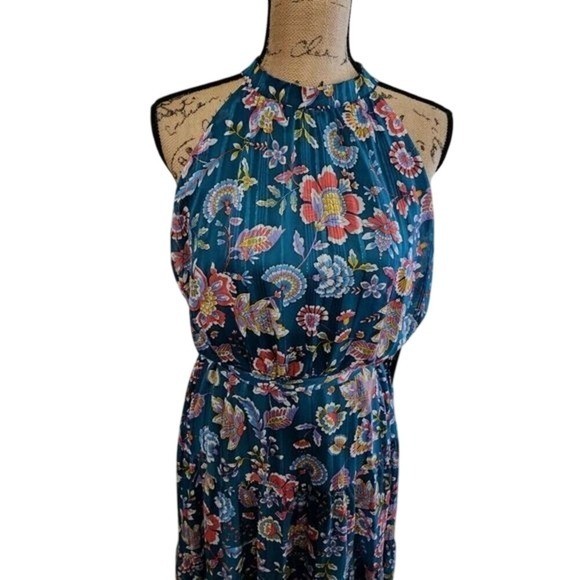 Nanette Lepore 70s vibe Teal paisley halter ruffle midi dress plus size 14 new