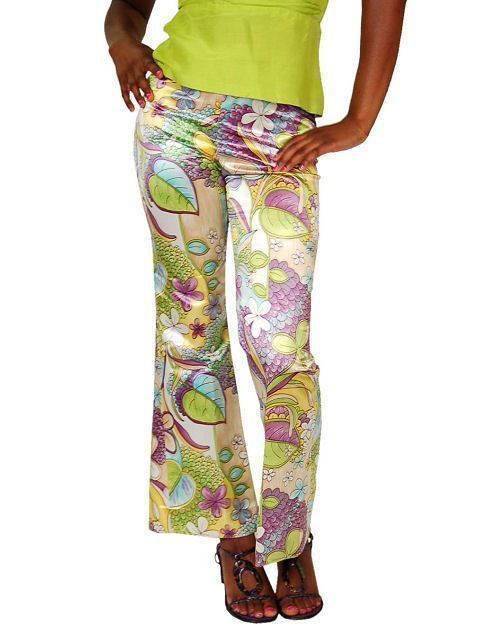 VTG 1970s Satin Floral Bell Bottom Pants & Lime Silk Top Lotte Designs Set S 4-6