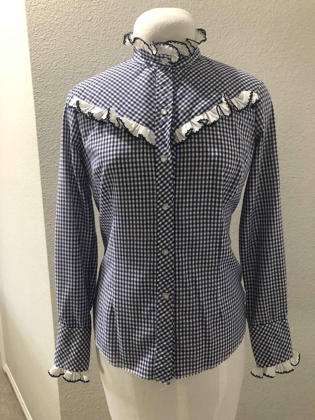 H Bar C California Ranch Wear Vintage 1970’s Blue Check Blouse sz S/M