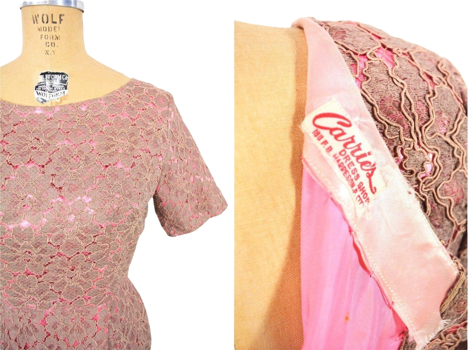Vintage 50s Lace Cocktail Dress Tan Pink Soutache Sheath W 26″